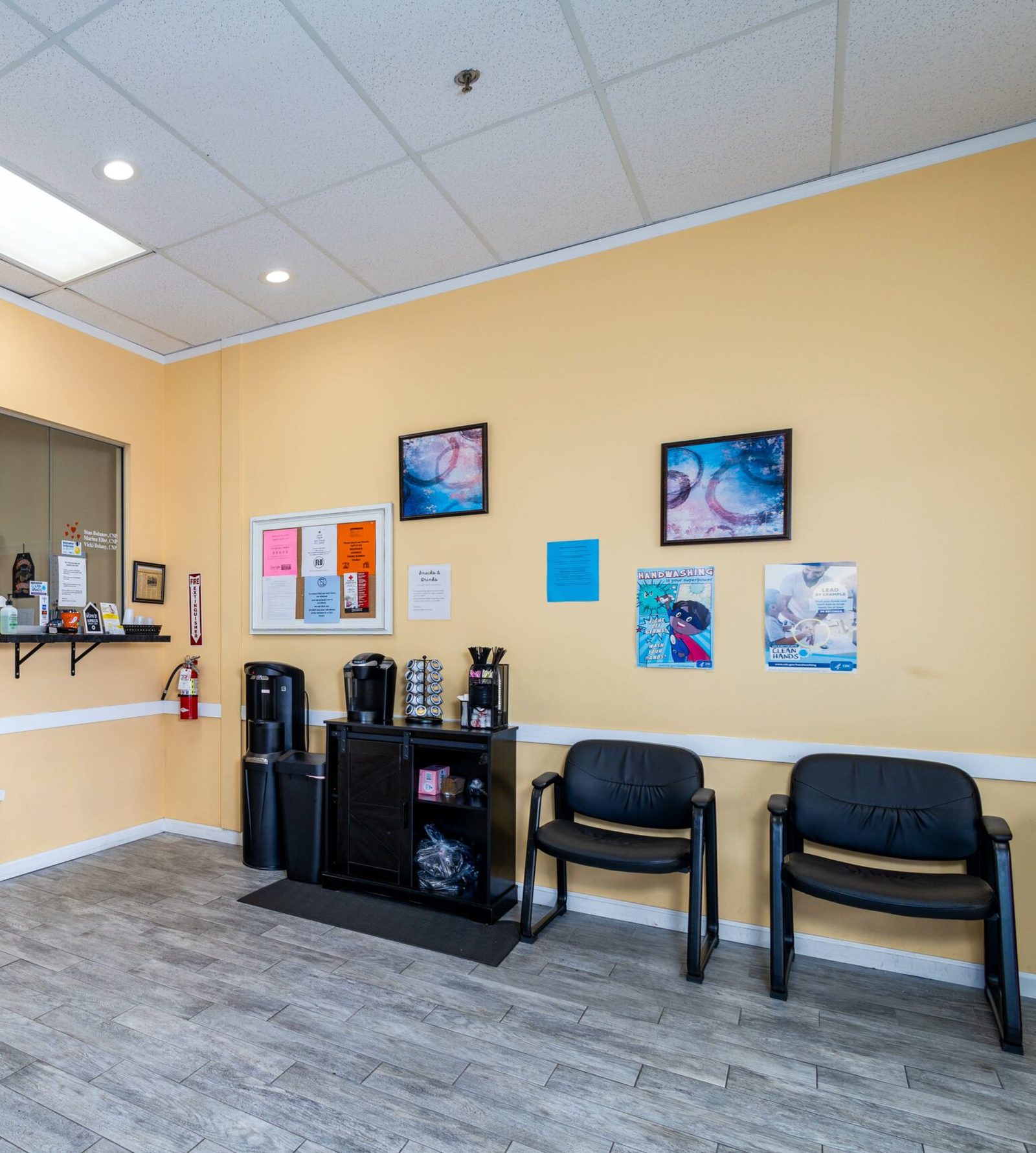 Coffee, water and snacks by the front desk at Superior Urgent Care